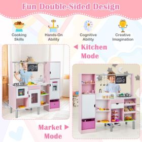 2-in-1 Double-sided Kids Kitchen and Market with Realistic Light and Sound