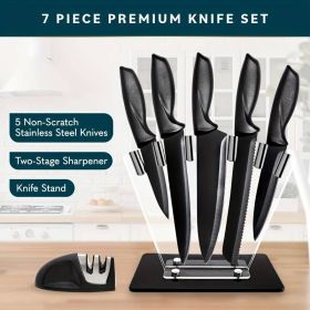 7-Piece High Carbon Stainless Steel Kitchen Knife Set With Handles And Sharpener (Color: Black)